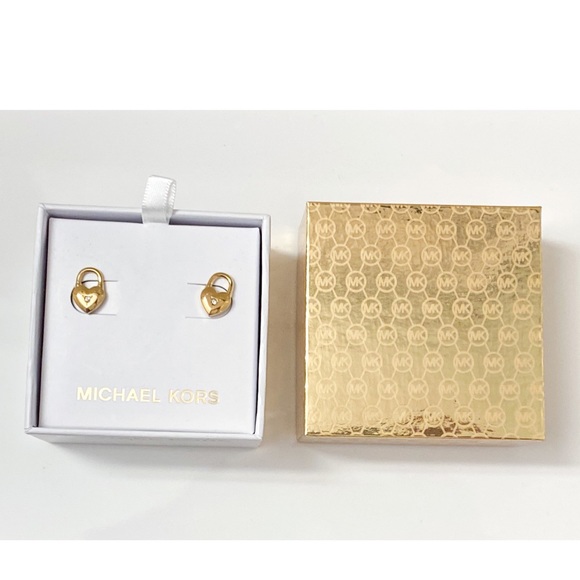 Michael Kors Gold Tone Mk Heart Lock Earrings - Picture 2 of 7